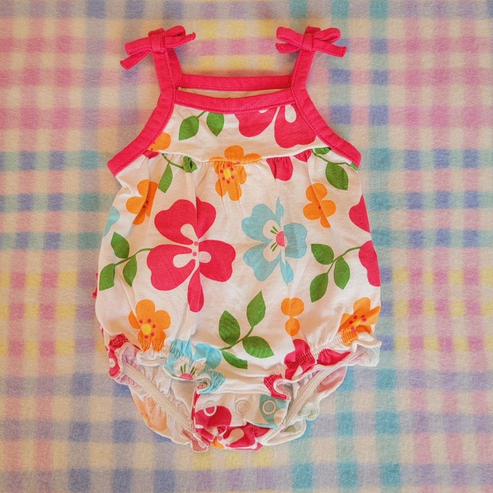 CARTER'S ♡ Multi-Color Hawaiian Floral Bright Pink Trim Little Sun Romper NB